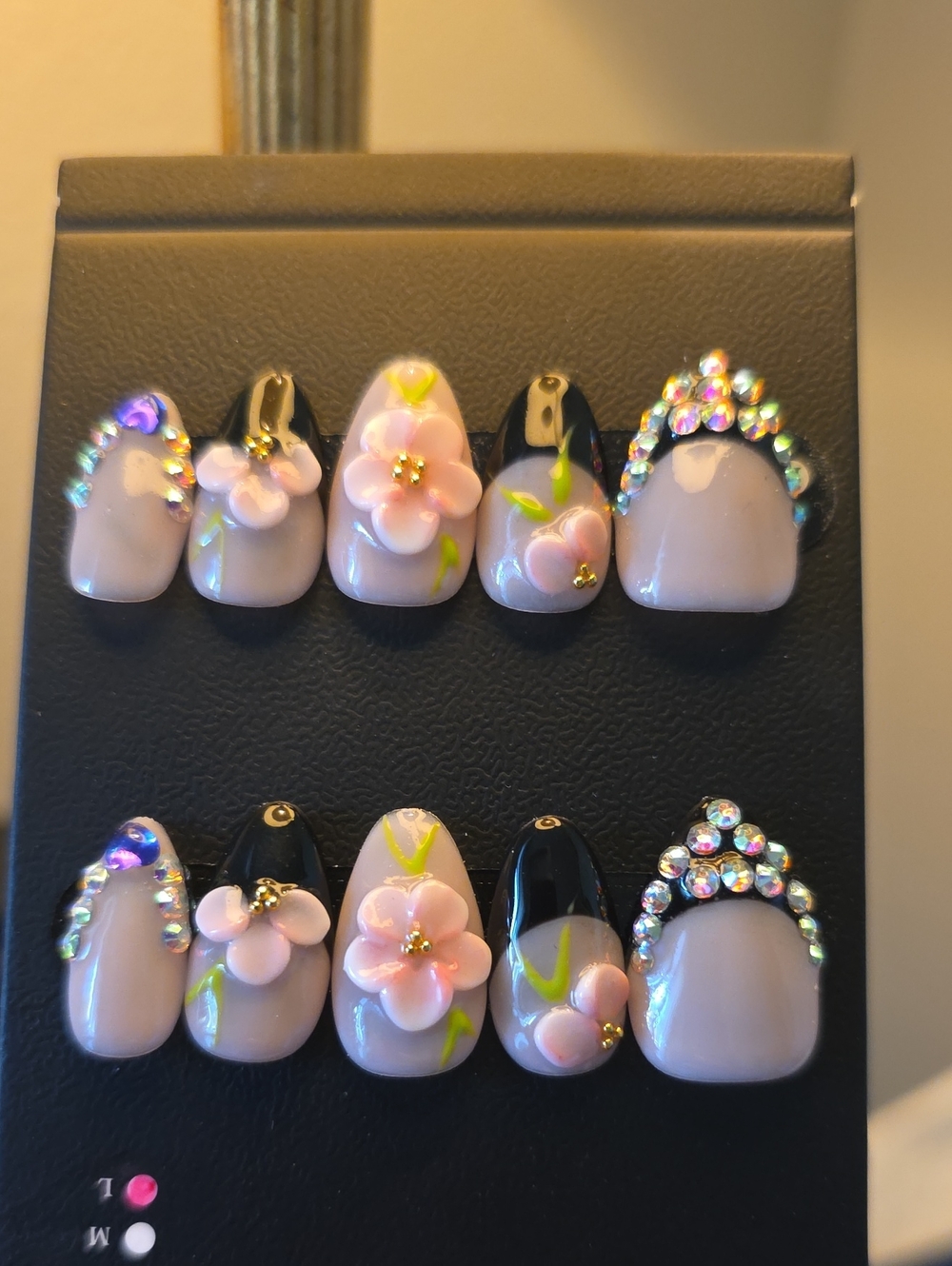 Handmade Pink Floral Press-On Nail Set with Rhinestones Size Large